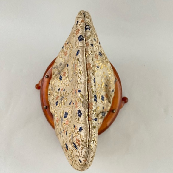 Japanese Kimono Dress Clutch Bag Vtg Green Flowers Tortoise Shell Handle - Picture 9 of 9